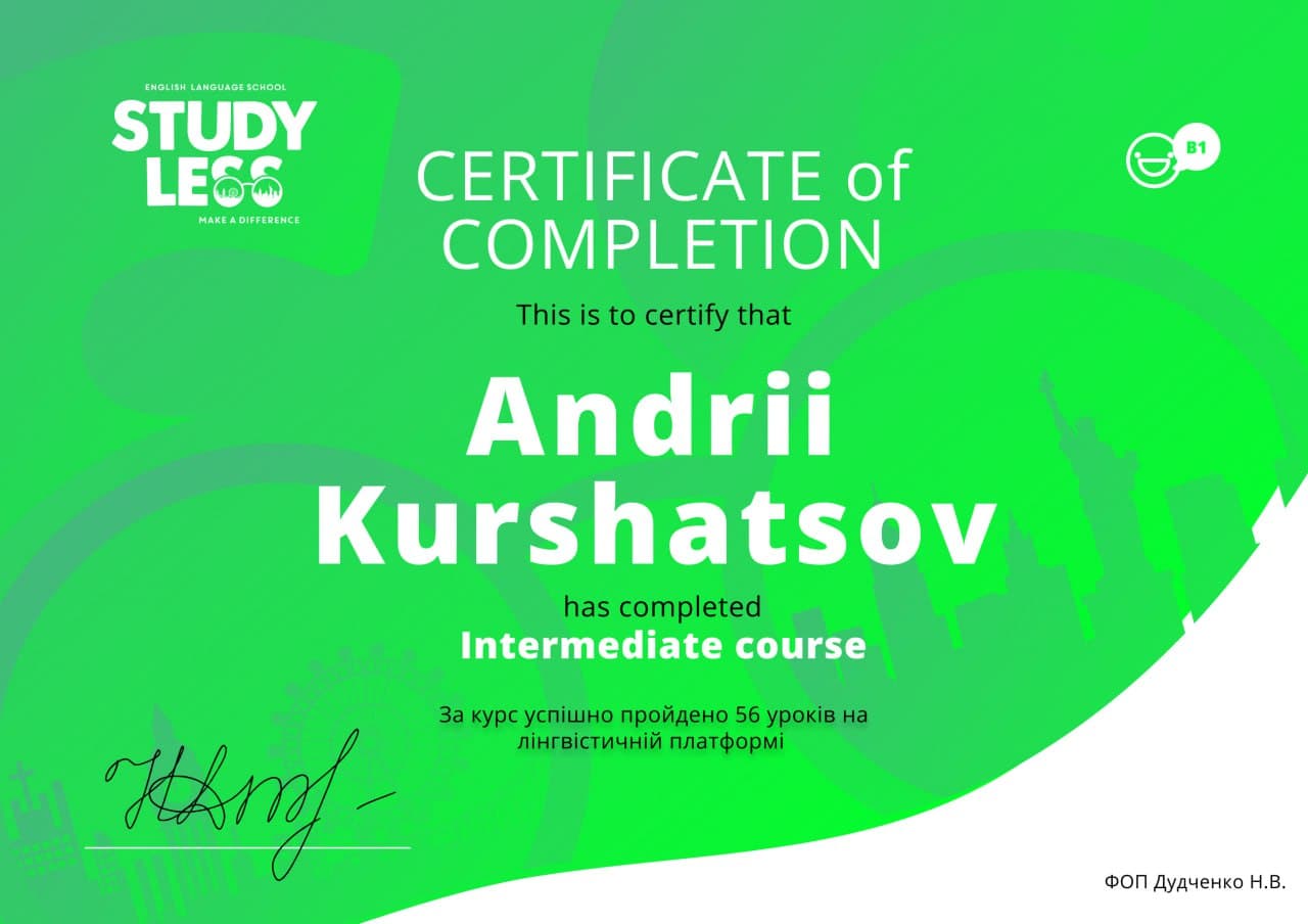 English sertificate Kurshatsov Andrii